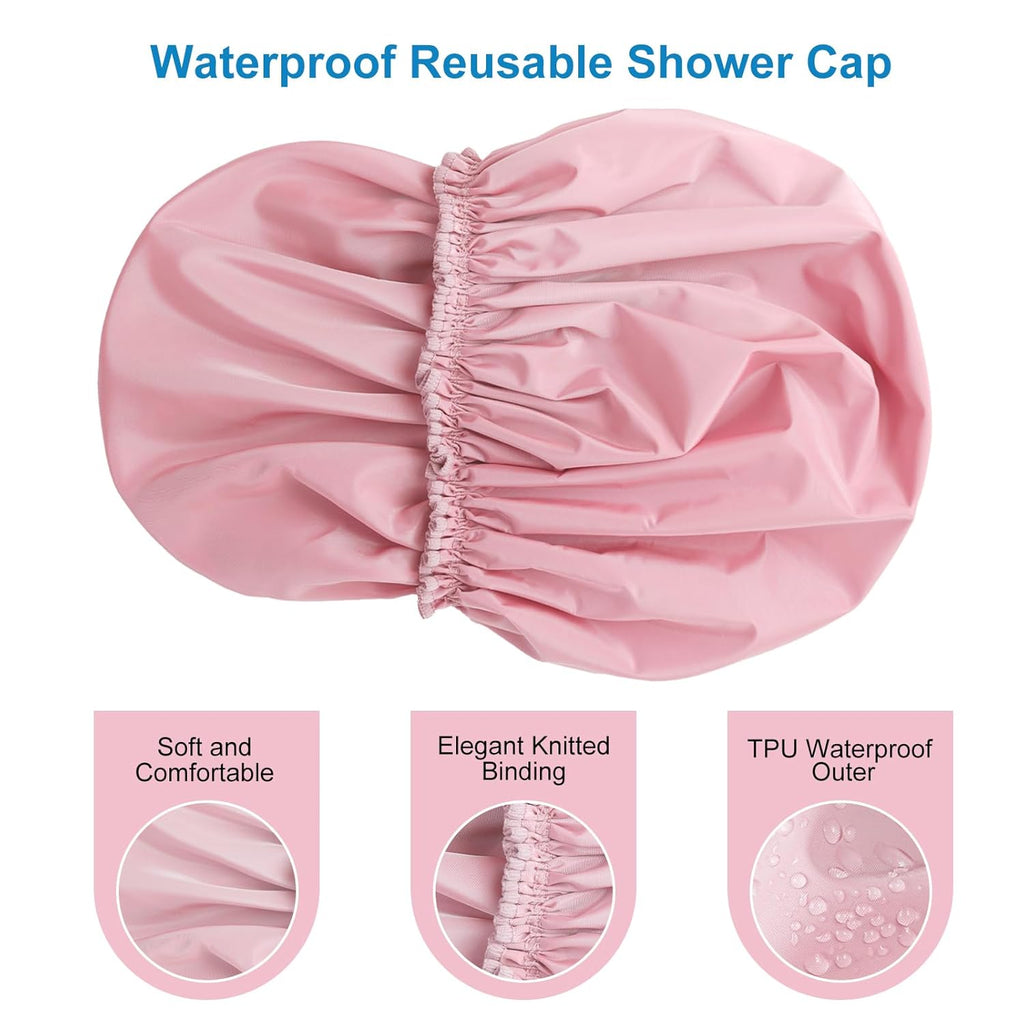 Shower Cap for Women, Double Layer Waterproof Bath Cap, Reusable Hair Protector, Large Waterproof Shower Bonnet Washable Elastic Band Bath Hair Hat for Long Hair, Braids， - Pink