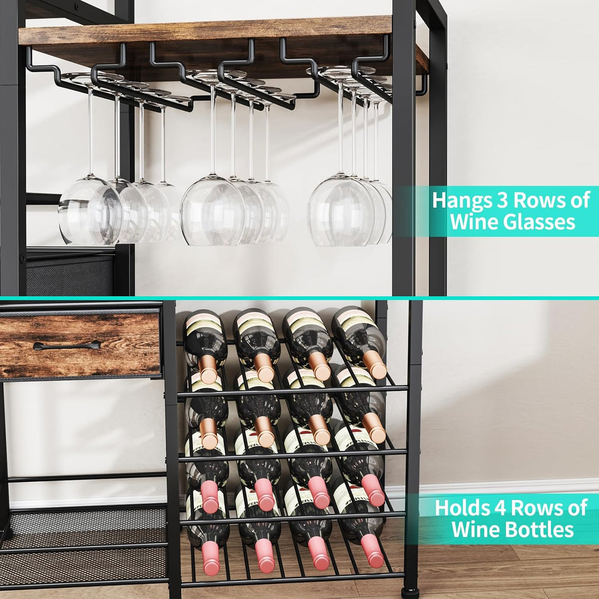 HapiRm Wine Rack Freestanding Floor - Multi-Tier Liquor Cabinet with Fabric Drawer, Liquor Bottle Display Shelf with Glass Holder, Vintage Whiskey Cabinet for Home
