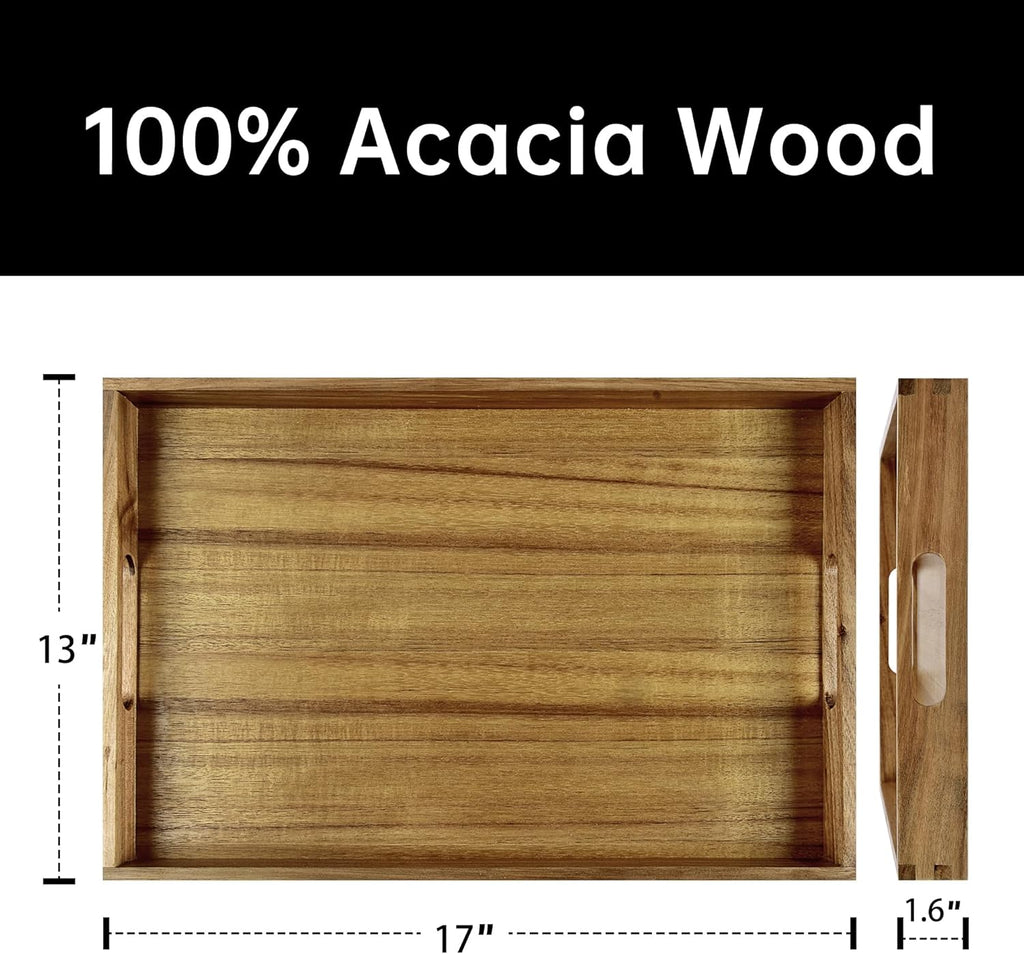 Acacia Wood Serving Tray with Handles - 17-Inch Decorative Wooden Tray - Perfect for Breakfast, Lunch, Dinner, Appetizers, Patio, Ottoman, Coffee Table - Durable Living Room and Couch Tray
